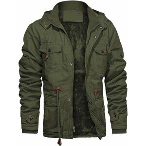 Mens Army Green Thick Winter Jacket Hooded Fleece Lined Cotton Military Coat